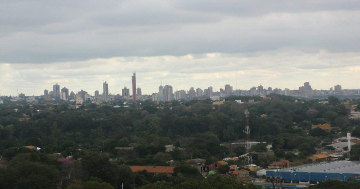Edificios de Asunción bajo un cielo cubierto, vistos desde el barrio arbolado