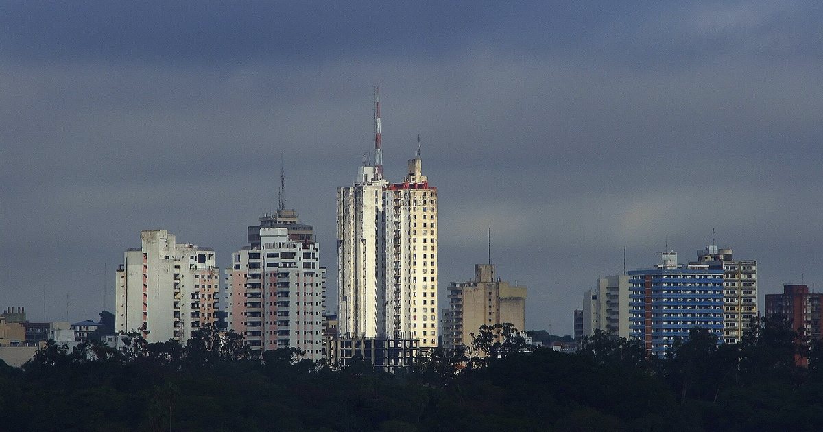 Edificios del centro de Asunción bajo un cielo nublado, con árboles en primer plano