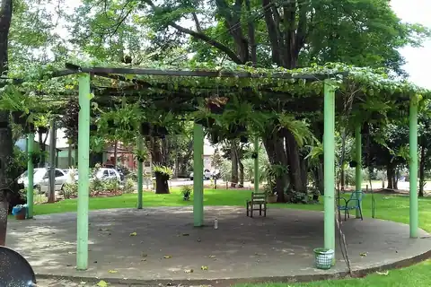 Foto: CLAITON LUIS MORAES / Wikimedia Commons · CC BY-SA 4.0 Pérgola de columnas verdes cubierta de enredaderas y helechos colgantes en una plaza arbolada de Salto del Guairá